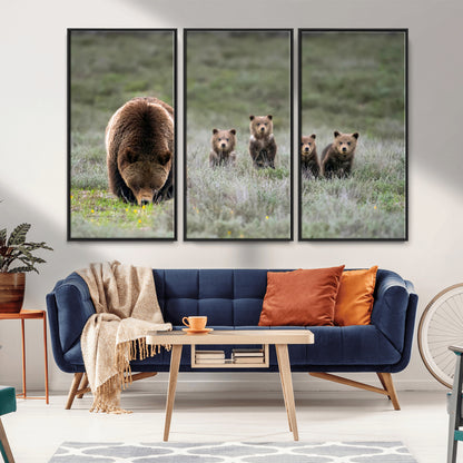 40555-MGV-CV-36X24-Bear Family Wall Art – Wildlife Canvas Print of Mother Bear with Four Cubs in Nature, Rustic Animal Artwork for Living Room,
