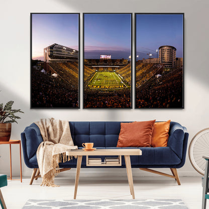 82557-MGV-CV-36X24-College Football Stadium Wall Art – Panoramic Sunset Canvas Print with Marching Band and Game Day Crowd, Sports Artwork for Man