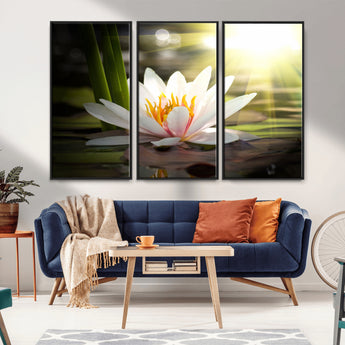 60352-MGV-CV-36X24-White Water Lily Wall Art – Lotus Flower Canvas Print with Sunlight Reflection, Peaceful Botanical Artwork for Living Room,