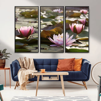 28394-MGV-CV-36X24-Water Lily Pond Wall Art – Pink Lotus Flowers Canvas Print with Green Lily Pads, Peaceful Botanical Artwork for Living Room,