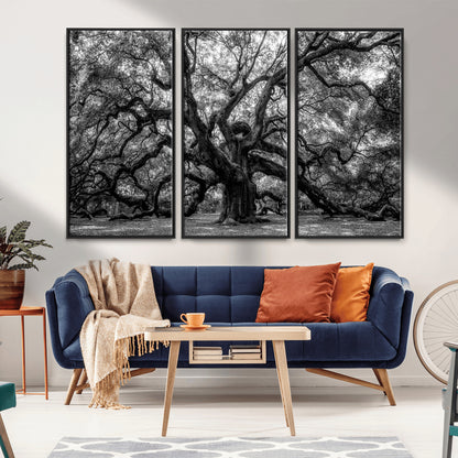 132944706-MGV-CV-36X24-Ancient Tree Wall Art – Black and White Photography Canvas Print Featuring Majestic Twisting Branches, Rustic Nature Artwork for