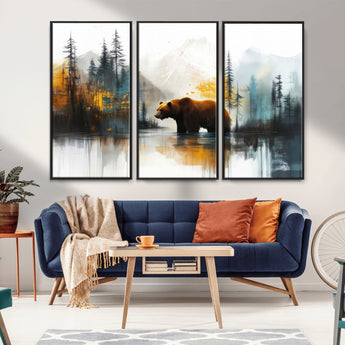 50308-MGV-FC-48X32-3P_Black-Abstract Rustic Bear Wall Art – Forest and Mountain Scene Canvas Print, Nature Artwork for Modern Farmhouse or Log Cabin Decor