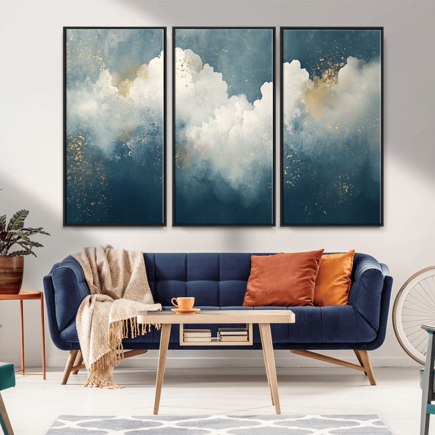 75131-MGV-CV-36X24-Abstract Cloud Wall Art – Modern Canvas Print Featuring Blue and White Clouds with Golden Accents, Contemporary Artwork for Living