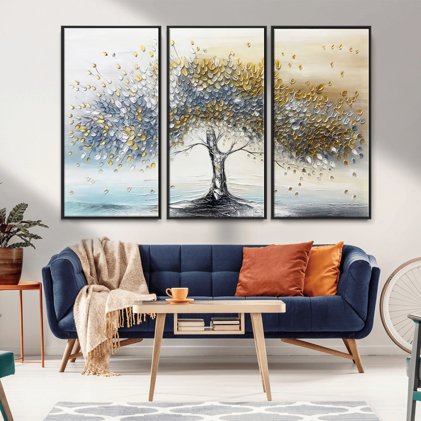 24771-MGV-CV-36X24-Silver Tree Wall Art Canvas Print, Framed Golden Leaves Art Picture Print, Metallic Tree Perfect Minimalist Luxury Decor Artwork