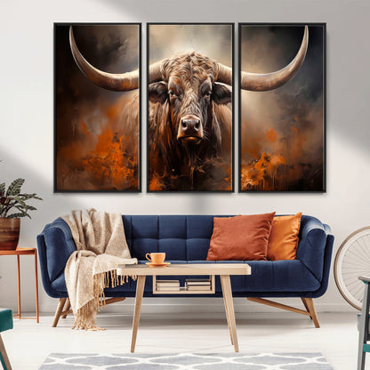240479-MGV-CV-36X24-Longhorn Bull Wall Art – Dramatic Western Canvas Print Featuring Horned Bull with Fiery Background, Rustic Farmhouse Artwork for