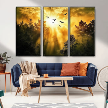 13776802-MGV-CV-36X24-Golden Forest Wall Art Canvas Print, Framed Sunset Pines Art Picture Print, Flying Birds Perfect Nature Glow Decor Artwork