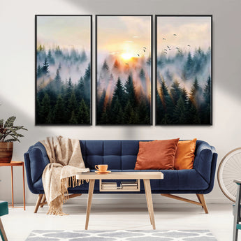56391411-MGV-CV-36X24-Misty Forest Wall Art Canvas Print, Framed Sunrise Pines Art Picture Print, Moody Pines Perfect Serene Woodland Decor Artwork