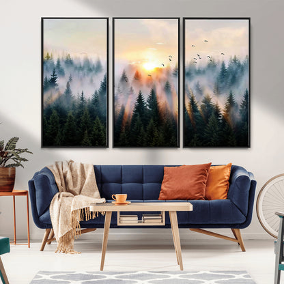 56391411-MGV-CV-36X24-Misty Forest Wall Art Canvas Print, Framed Sunrise Pines Art Picture Print, Moody Pines Perfect Serene Woodland Decor Artwork