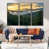 68082278-MGV-CV-36X24-Mountain Sunrise Wall Art Canvas Print, Framed Pine Forest Art Picture Print, Misty Mountains Perfect Earthy Woodland Decor