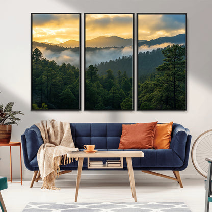 68082278-MGV-CV-36X24-Mountain Sunrise Wall Art Canvas Print, Framed Pine Forest Art Picture Print, Misty Mountains Perfect Earthy Woodland Decor