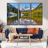 87724099-MGV-CV-36X24-Maroon Bells Wall Art Canvas Print, Framed Snowy Mountains Art Picture Print, Pine Forest Perfect Vibrant Alpine Decor Artwork