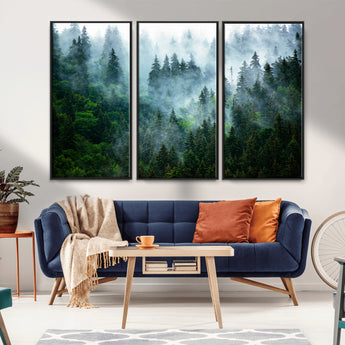 17393683-MGV-CV-36X24-Misty Forest Art Wall Art Canvas Print, Framed Foggy Mountain Art Art Picture Print, Scenic Wall Print Perfect Decor Artwork