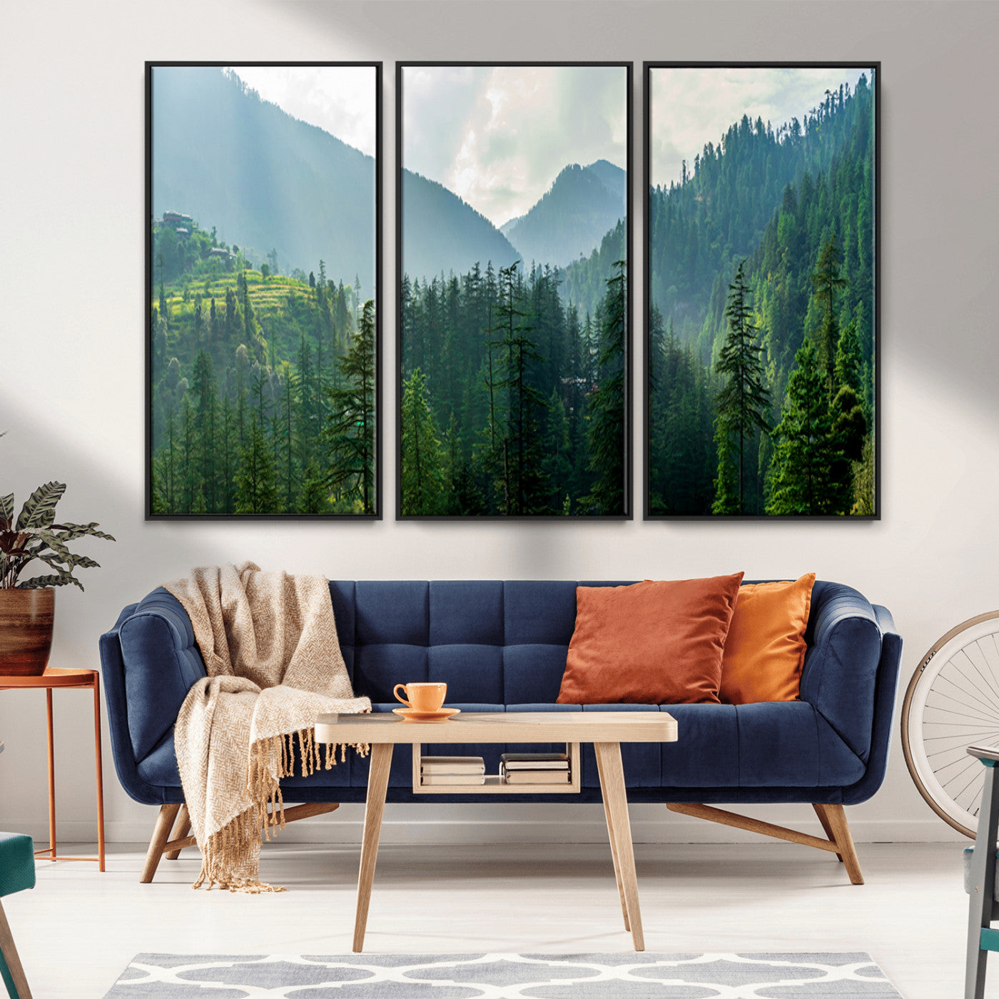83417191-MGV-FC-48X32-3P_Black-Misty Mountain Forest Wall Art – Pine Tree Landscape Canvas Print, Nature Photography Panorama, Tranquil Green Forest Décor for
