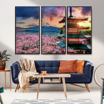 32331262-MGV-CV-36X24-Mount Fuji Japan Wall Art – Cherry Blossom Landscape Canvas Print, Chureito Pagoda Sunset Photography, Japanese Nature Travel