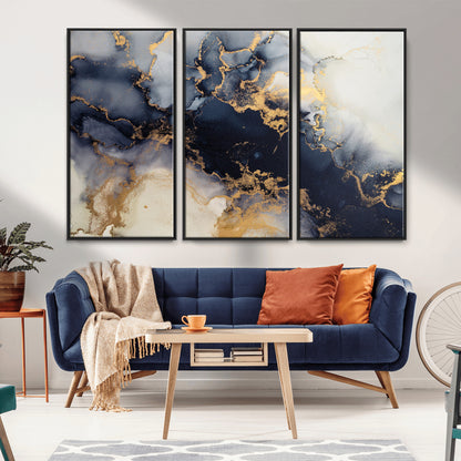 41136487-MGV-CV-36X24-Black Marble Wall Art Canvas Print, Framed Gold Veins Art Picture Print, Abstract Texture Perfect Moody Luxe Decor Artwork