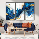 33506371-MGV-CV-36X24-Blue Marble Wall Art Canvas Print, Framed Gold Splash Art Picture Print, Abstract Wave Perfect Modern Luxe Decor Artwork