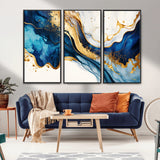 60283636-MGV-CV-36X24-Blue Gold Flow Wall Art Canvas Print, Framed Marble Texture Art Picture Print, Elegant Splash Perfect Elegant Abstract Decor
