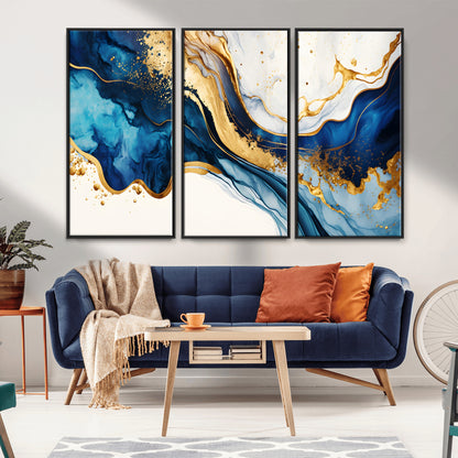 60283636-MGV-CV-36X24-Blue Gold Flow Wall Art Canvas Print, Framed Marble Texture Art Picture Print, Elegant Splash Perfect Elegant Abstract Decor