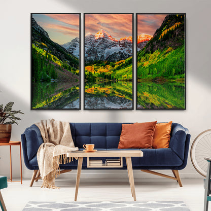 59533484-MGV-CV-36X24-Maroon Bells Autumn Wall Art – Panoramic Mountain Landscape Canvas Print, Sunset Reflection Nature Artwork for Living Room, Office