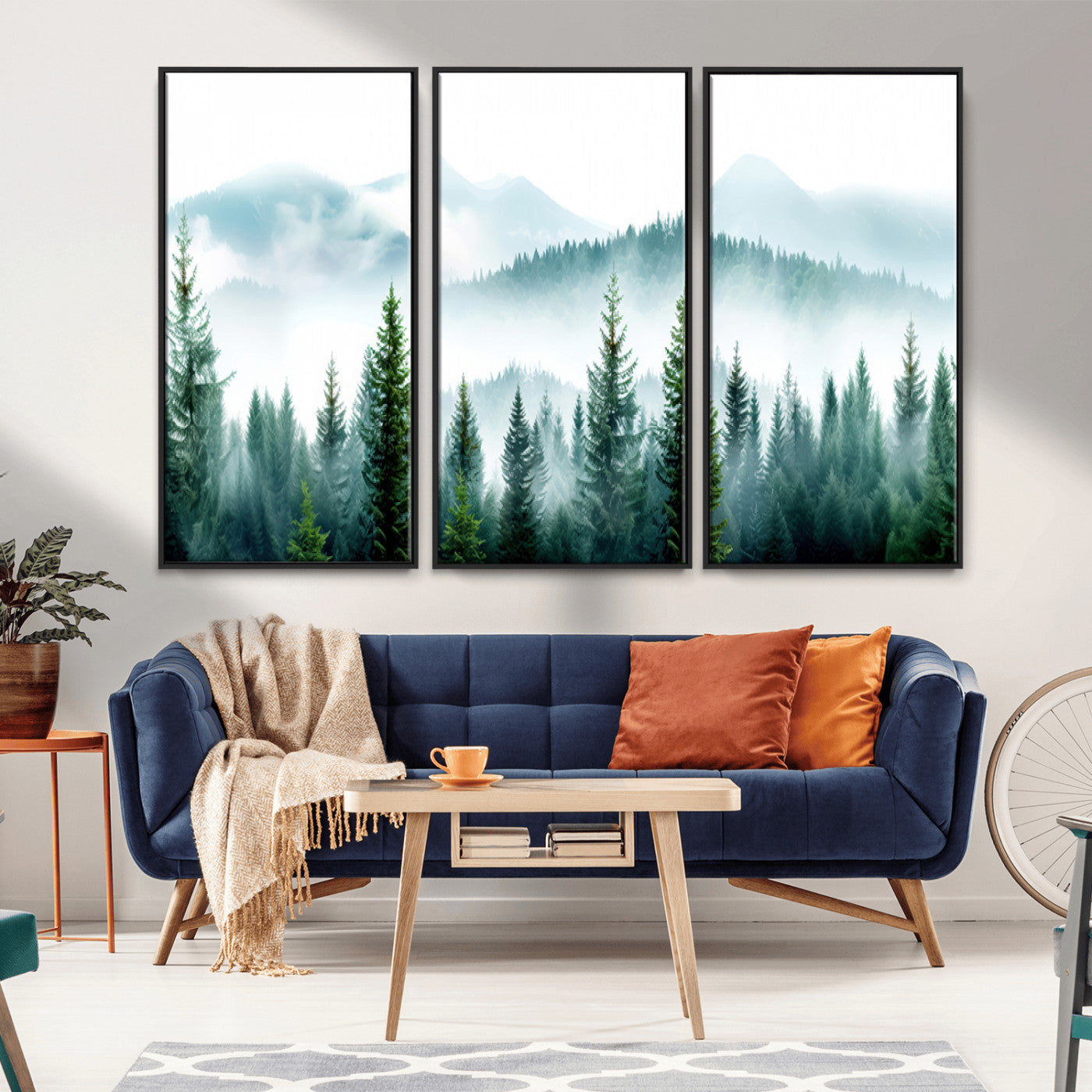 16716676-MGV-FC-48X32-3P_Black-Pine Forest Wall Art Canvas Print, Framed Misty Mountains Art Picture Print, Foggy Trees Perfect Moody Forest Decor Artwork