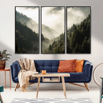 57570237-MGV-CV-36X24-Misty Valley Wall Art Canvas Print, Framed Foggy Forest Art Picture Print, Pine Trees Perfect Moody Woodland Decor Artwork