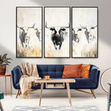 40397799-MGV-FC-48X32-3P_Black-Texas Longhorn Wall Art Canvas Print, Framed Rustic Herd Art Picture Print, Western Bull Perfect Neutral Western Decor Artwork