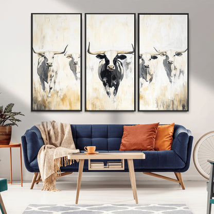 40397799-MGV-FC-48X32-3P_Black-Texas Longhorn Wall Art Canvas Print, Framed Rustic Herd Art Picture Print, Western Bull Perfect Neutral Western Decor Artwork