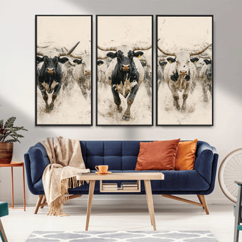 61538944-MGV-CV-36X24-Texas Longhorn Wall Art Canvas Print, Framed Cattles Walking Art Picture Print, Black White Bulls Perfect Rustic Western Decor