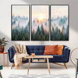92718976-MGV-CV-36X24-Misty Forest Wall Art Canvas Print, Framed Sunrise Pines Art Picture Print, Foggy Woodland Perfect Moody Woodland Decor Artwork
