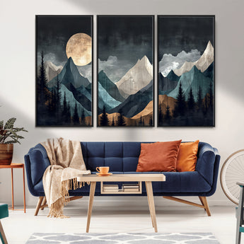 11060882-MGV-CV-36X24-Moonlit Mountains Wall Art Canvas Print, Framed Forest Silhouette Art Picture Print, Night Landscape Perfect Modern Forest Decor