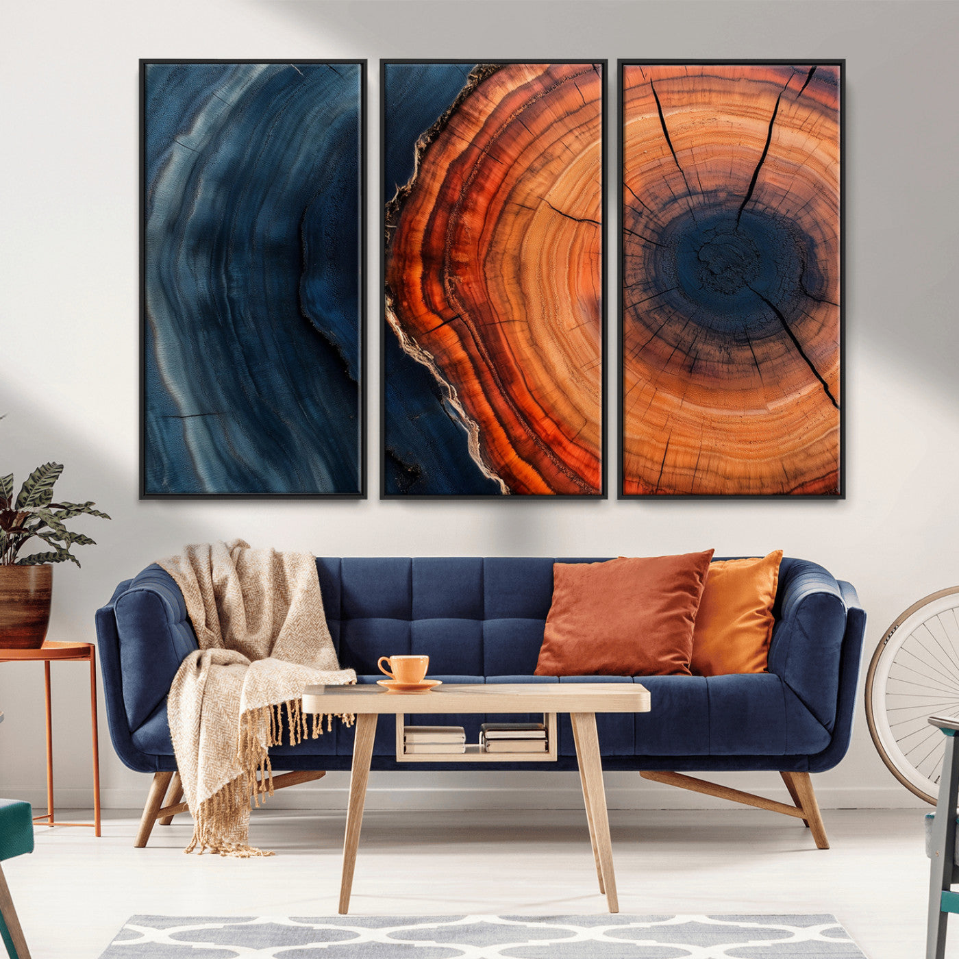 57732250-MGV-FC-48X32-3P_Black-Tree Ring Abstract Wall Art – Blue Orange Wood Grain Canvas Print, Modern Rustic Nature Artwork for Living Room, Office,