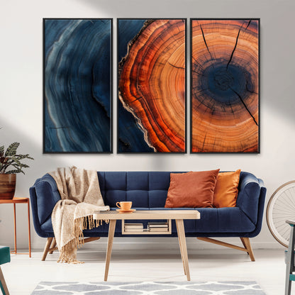 57732250-MGV-FC-48X32-3P_Black-Tree Ring Abstract Wall Art – Blue Orange Wood Grain Canvas Print, Modern Rustic Nature Artwork for Living Room, Office,