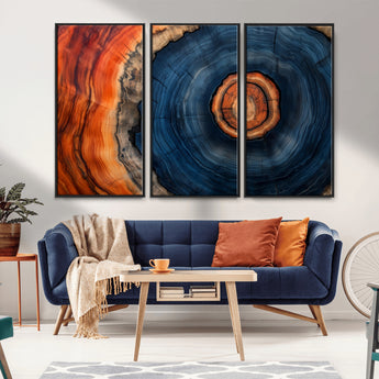 72209152-MGV-CV-36X24-Abstract Tree Ring Wall Art – Vibrant Blue Orange Wood Grain Canvas Print, Rustic Modern Nature Artwork for Living Room, Office,
