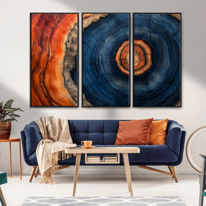 72209152-MGV-CV-36X24-Abstract Tree Ring Wall Art – Vibrant Blue Orange Wood Grain Canvas Print, Rustic Modern Nature Artwork for Living Room, Office,