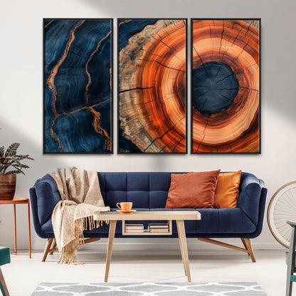 41123192-MGV-CV-36X24-Tree Ring Canvas Wall Art – Abstract Blue Orange Wood Grain Print, Rustic Modern Nature Artwork for Living Room, Bedroom, Office