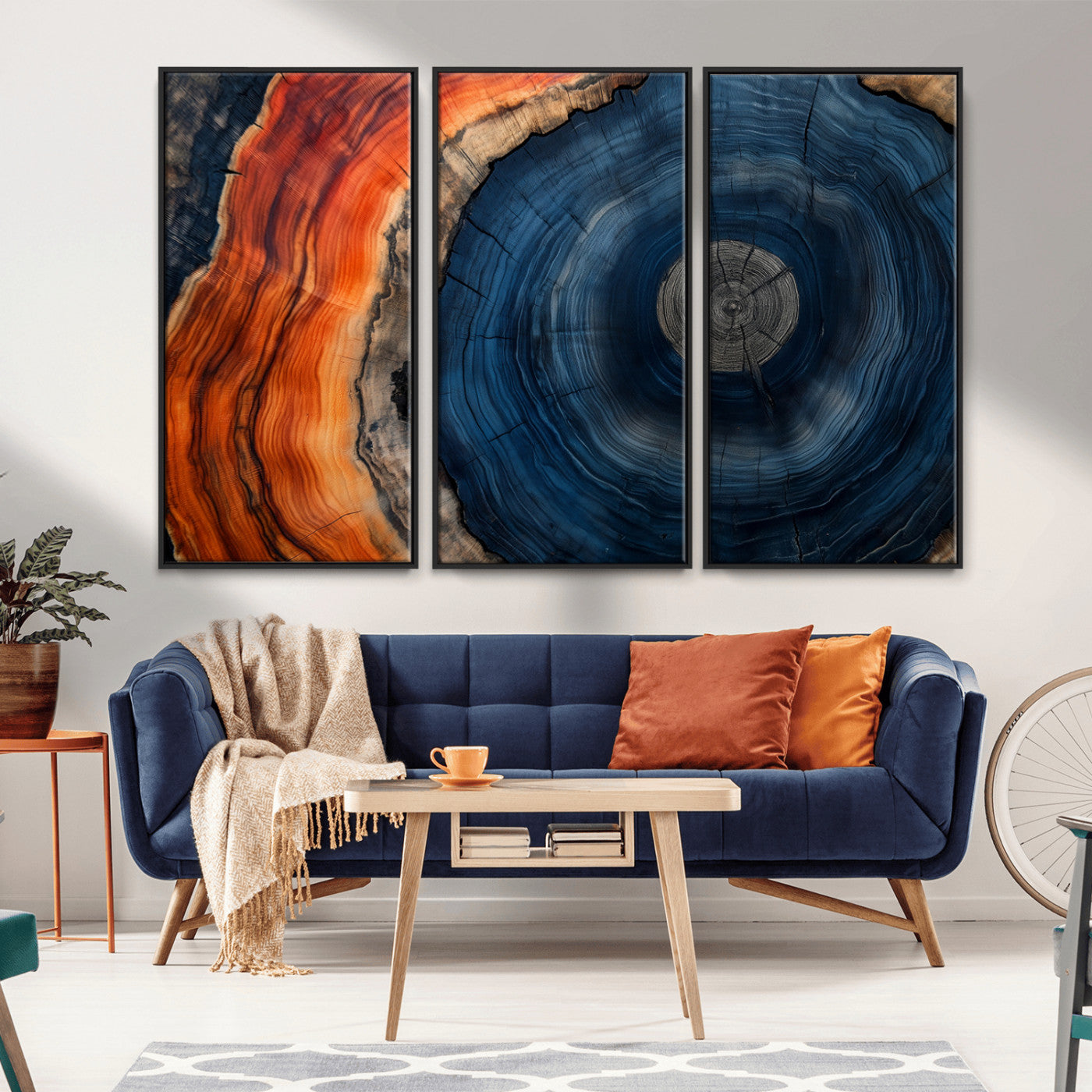 99491700-MGV-CV-36X24-Tree Ring Canvas Wall Art – Blue Orange Abstract Wood Grain Print, Rustic Modern Nature Artwork for Living Room, Office, Bedroom