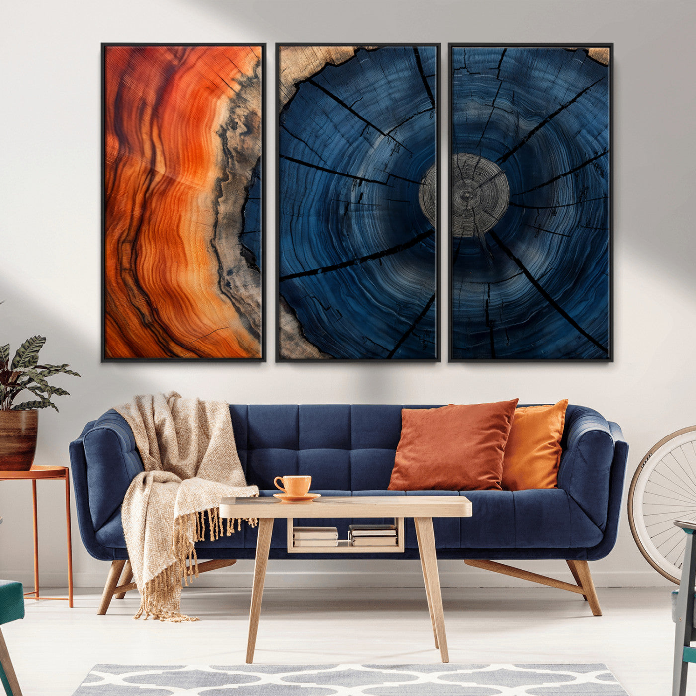 26110607-MGV-CV-36X24-Blue and Orange Tree Ring Wall Art – Abstract Wood Cross Section Canvas Print, Modern Rustic Nature Decor for Living Room, Office,