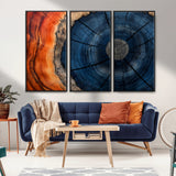 26110607-MGV-CV-36X24-Blue and Orange Tree Ring Wall Art – Abstract Wood Cross Section Canvas Print, Modern Rustic Nature Decor for Living Room, Office,