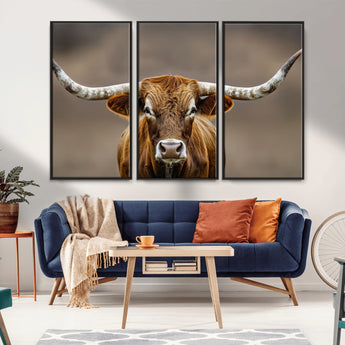 12179171-MGV-FC-48X32-3P_Black-Texas Longhorn Wall Art Canvas Print, Framed Brown Bull Art Picture Print, Lone Cattle Perfect Rustic Western Decor Artwork