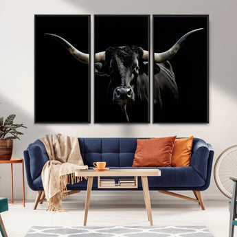 37531960-MGV-CV-36X24-Black Longhorn Bull Wall Art – Dramatic Western Cattle Canvas Print, Rustic Farmhouse Animal Artwork for Living Room, Bedroom,