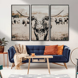 27497342-MGV-CV-36X24-Texas Longhorn Wall Art Canvas Print, Framed Speckled Cow Art Picture Print, Horned Cattle Perfect Rustic Western Decor Artwork