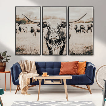 27497342-MGV-CV-36X24-Texas Longhorn Wall Art Canvas Print, Framed Speckled Cow Art Picture Print, Horned Cattle Perfect Rustic Western Decor Artwork
