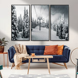 31156828-MGV-CV-36X24-Snowy Pines Wall Art Canvas Print, Framed Ski Lift Art Picture Print, Winter Forest Perfect Moody Lodge Decor Artwork