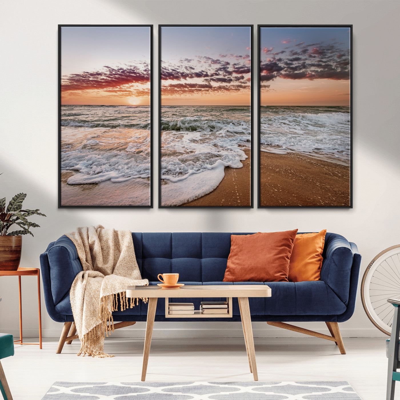 39846389-MGV-FC-48X32-3P_Black-Ocean Sunset Wall Art Canvas Print, Framed Sandy Shore Art Picture Print, Gentle Waves Perfect Minimalist Coastal Decor Artwork