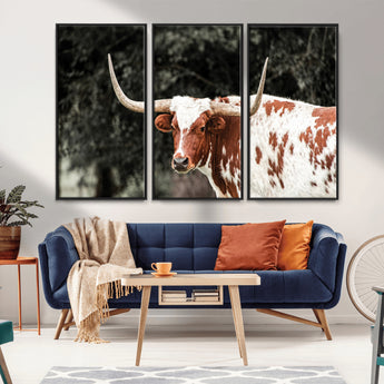 54027638-MGV-CV-36X24-Texas Longhorn Wall Art Canvas Print, Framed Spotted Cow Art Picture Print, Horned Bull Perfect Rustic Western Decor Artwork