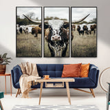 79025945-MGV-CV-36X24-Texas Longhorn Wall Art Canvas Print, Framed Speckled Cow Art Picture Print, Horned Cattle Perfect Rustic Western Decor Artwork