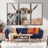 70414966-MGV-CV-36X24-Texas Longhorn Wall Art Canvas Print, Framed Speckled Cow Art Picture Print, Horned Bull Perfect Rustic Western Decor Artwork