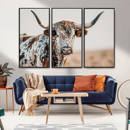 70414966-MGV-CV-36X24-Texas Longhorn Wall Art Canvas Print, Framed Speckled Cow Art Picture Print, Horned Bull Perfect Rustic Western Decor Artwork