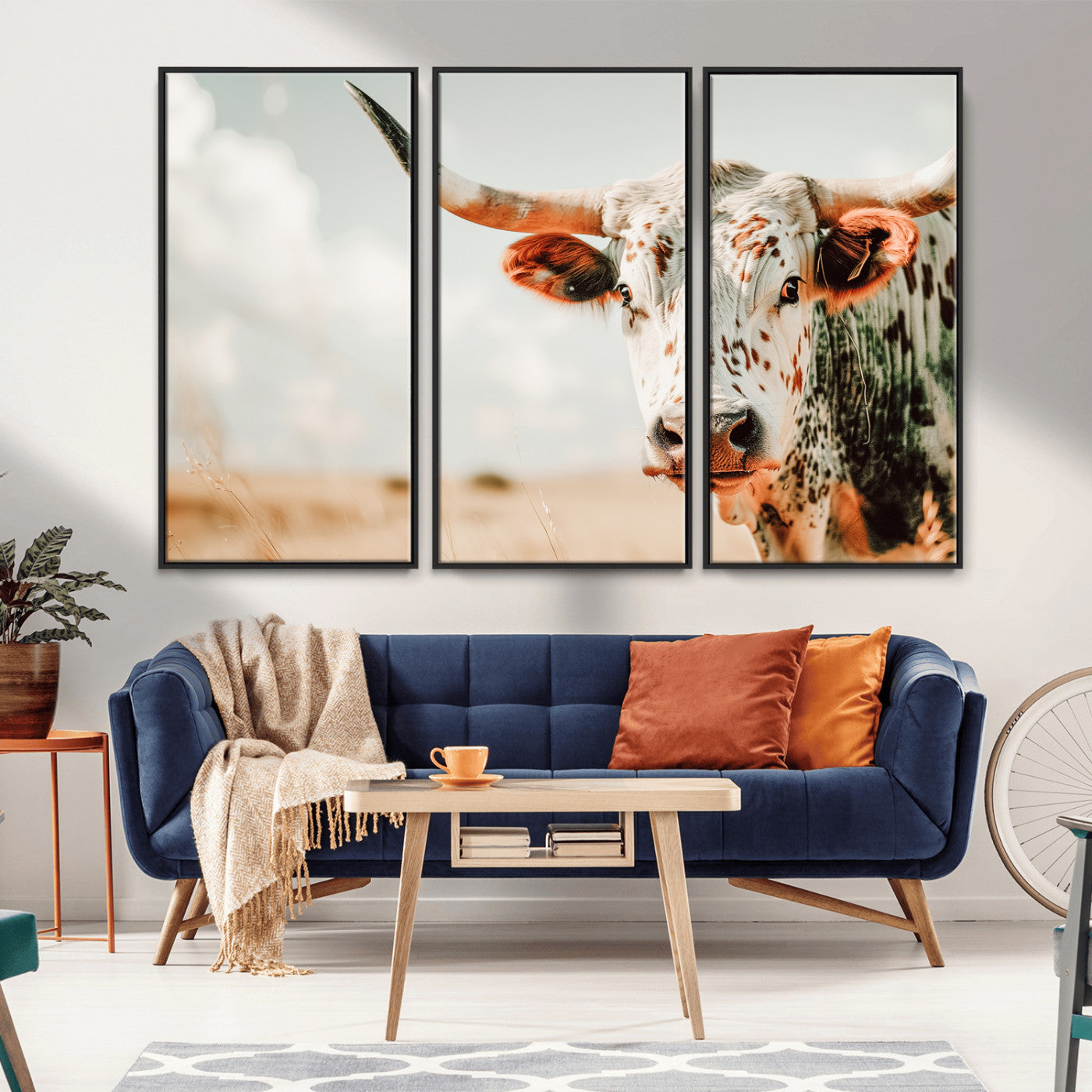 72766375-MGV-CV-36X24-Texas Longhorn Wall Art Canvas Print, Framed Spotted Cow Art Picture Print, Horned Cattle Perfect Rustic Western Decor Artwork