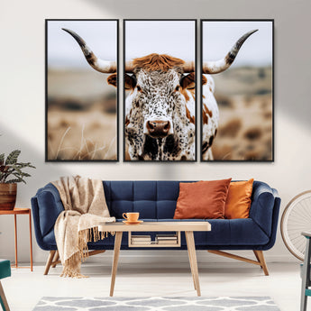 76294381-MGV-CV-36X24-Texas Longhorn Wall Art Canvas Print, Framed Spotted Cow Art Picture Print, Horned Cattle Perfect Rustic Western Decor Artwork